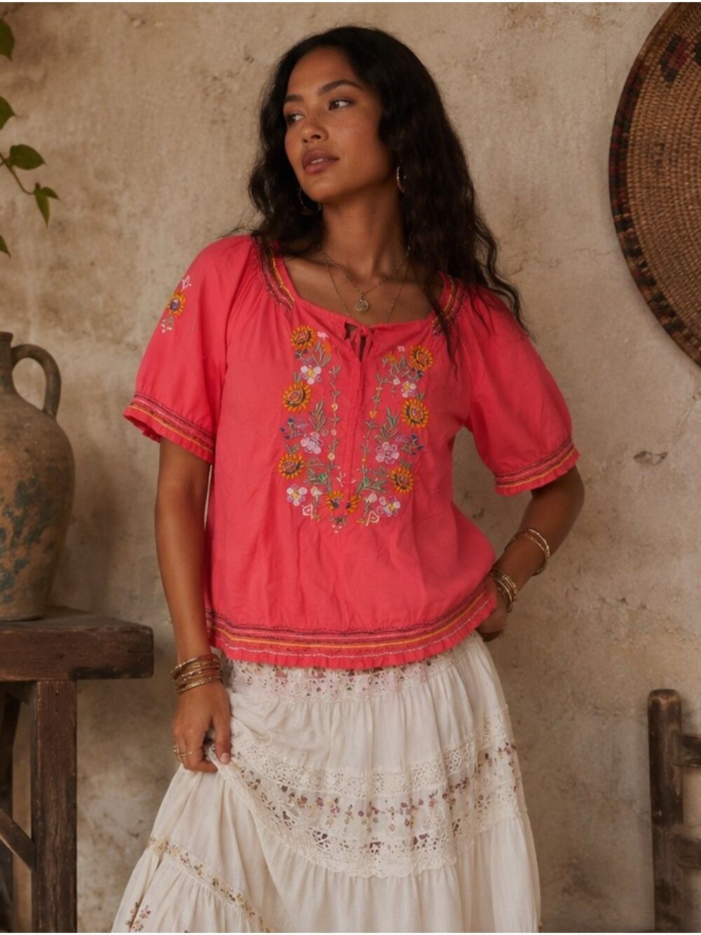Cute Options Coral Pink Floral Embroidered Boho Peasant Blouse – Made in India M